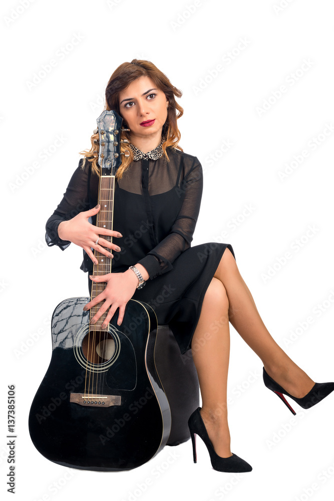 Portrait of a young business woman with guita isolated on white background Portrait of a young business woman with guita isolated on white background