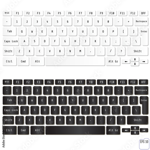 Vector illustration of modern laptop keyboards. White and black laptop computer wireless keyboards top view with keys, vector illustration eps 10
