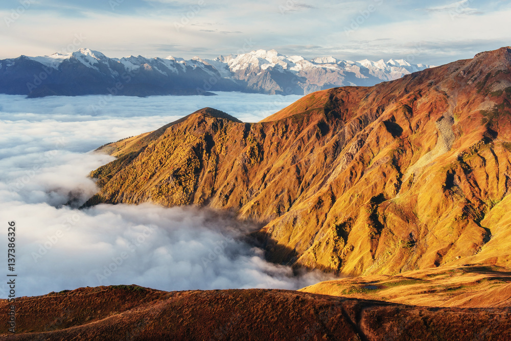 Fototapeta premium Thick fog on the mountain pass Goulet. Georgia, Svaneti. Europe.
