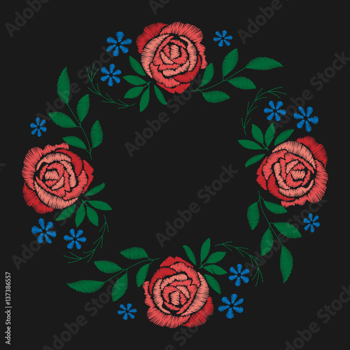 Red roses embroidery on black background. Ethnic flowers wreath, flower design, graphics fashion wearing. 