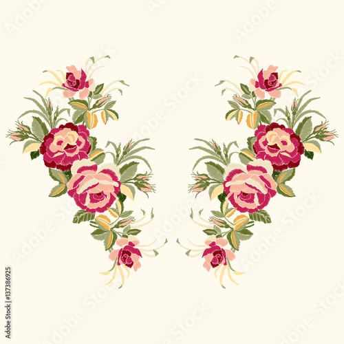 Red roses embroidery with leaves and buds. Ethnic flowers neck line, flower design, graphics fashion wearing. Embroidery for t-shirt.
