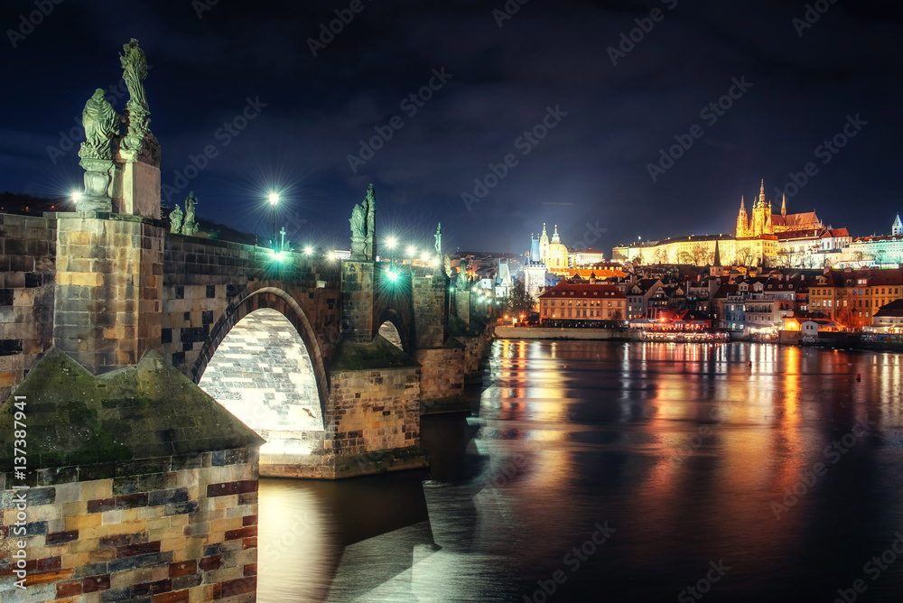 Prague Castle and Charles Bridge in the night