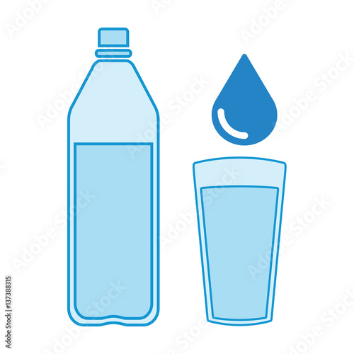 Plastic bottle and glass of water. Water drop sign. Vector illustration
