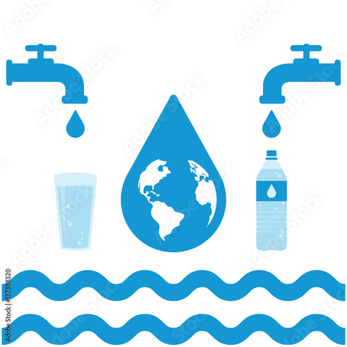 Water infographic set. Water filling, bottle, faucets, glass, drops and vawes. Vector illustration