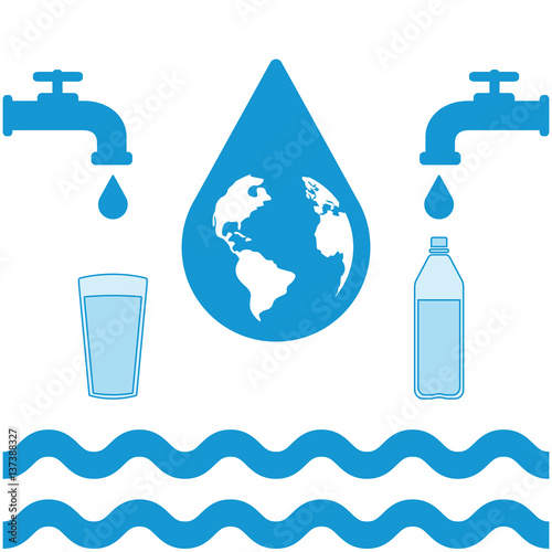 Water infographic set. Water filling, bottle, faucets, glass, drops and vawes. Vector illustration