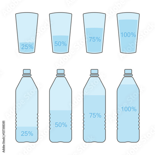 Bottle and glass of water infographic. Nearly empty 25%, half 50%, nearly full 75%, full 100% bottle and glass of water. Vector illustration