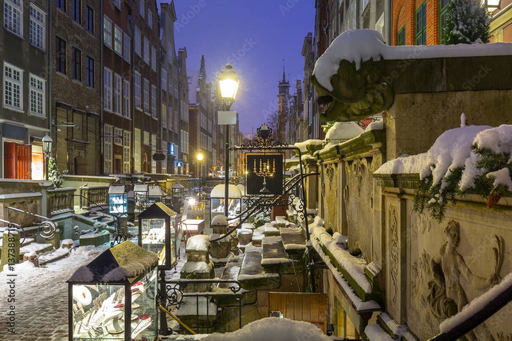 Mariacka street in Gdansk at snowy winter, Poland