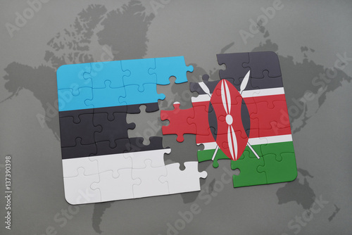 puzzle with the national flag of estonia and kenya on a world map