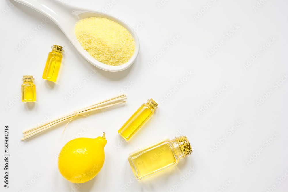 Cosmetic set with oil and salt on white background top view mockup Cosmetic set with oil and salt on white background top view mockup
