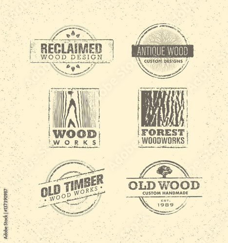Reclaimed Wood Design Element. Creative Set Of Rustic Labels And Stamps For Custom Interior Workshop Company.