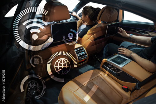Smart car and internet of things (IOT) concept. Technology icons and Hightech vehical background