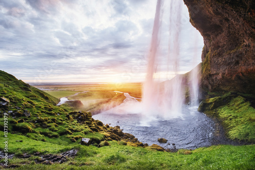 Seljalandfoss waterfall. Beautiful summer sunny day