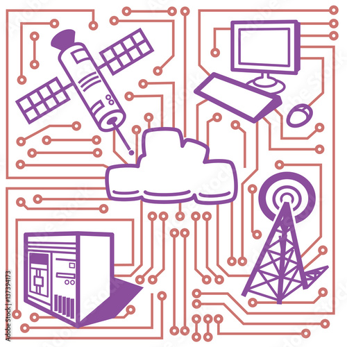 Cloud storage surrounded by a  satellite  a desktop computer  a server and a cell phone tower. Linking all together are the trader routes of a circuit board.  