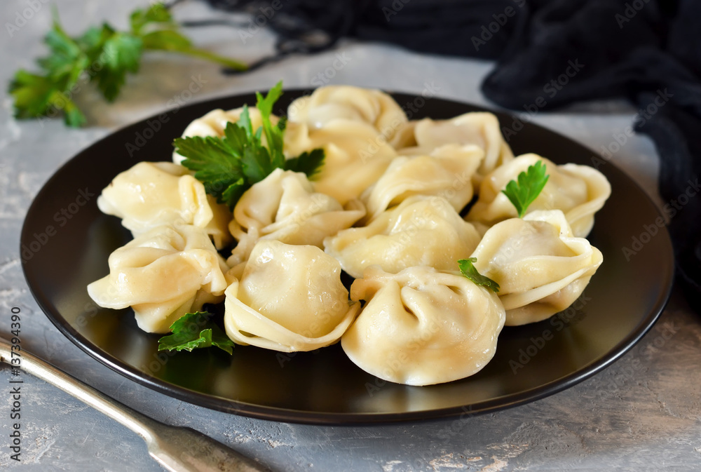 Homemade ravioli stuffed with meat on a gray background Homemade ravioli stuffed with meat on a gray background