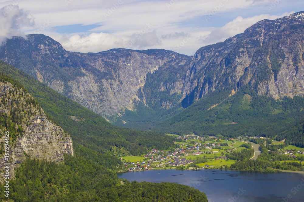 Aerial view of Hallstatt village in Alps, Austria