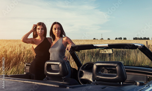 Two sexy brunette woman standing near her car © standret