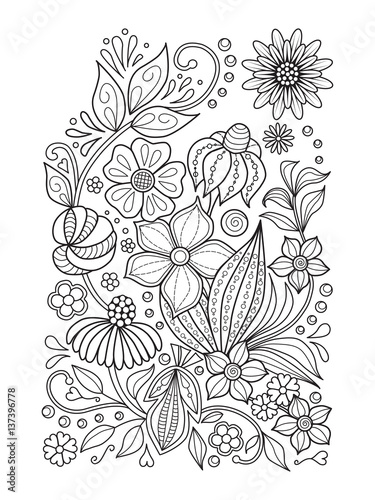 Doodle floral pattern in black and white. Page for coloring book: relaxing job for children and adults. Zentangle drawing.
