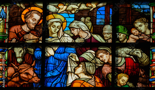 Stained glass of the Adoration of the Shepherds, Seville Cathedral, Spain