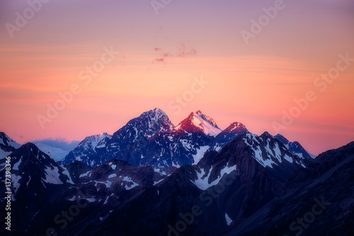 Dramatic colorful mountain sunset in Mt Cook area, NZ