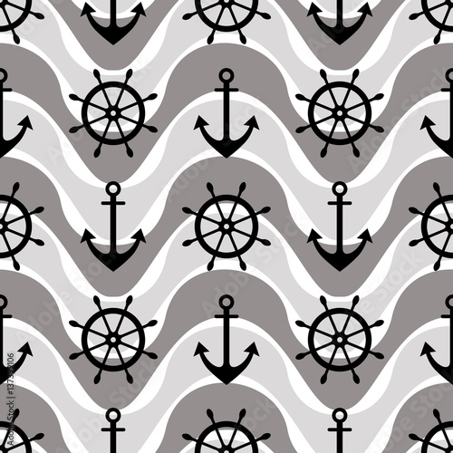 Vector seamless pattern with anchor, steering wheel. Symmetrical background, nautical theme. Graphic illustration. Template for wrapping, backgrounds, fabric, prints, decor, surface