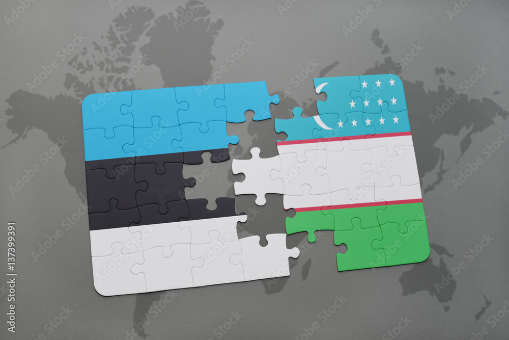 puzzle with the national flag of estonia and uzbekistan on a world map