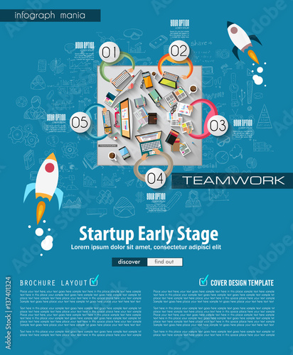 Infograph Brochure template with hand drawn sketches and a lot of mockups design elements