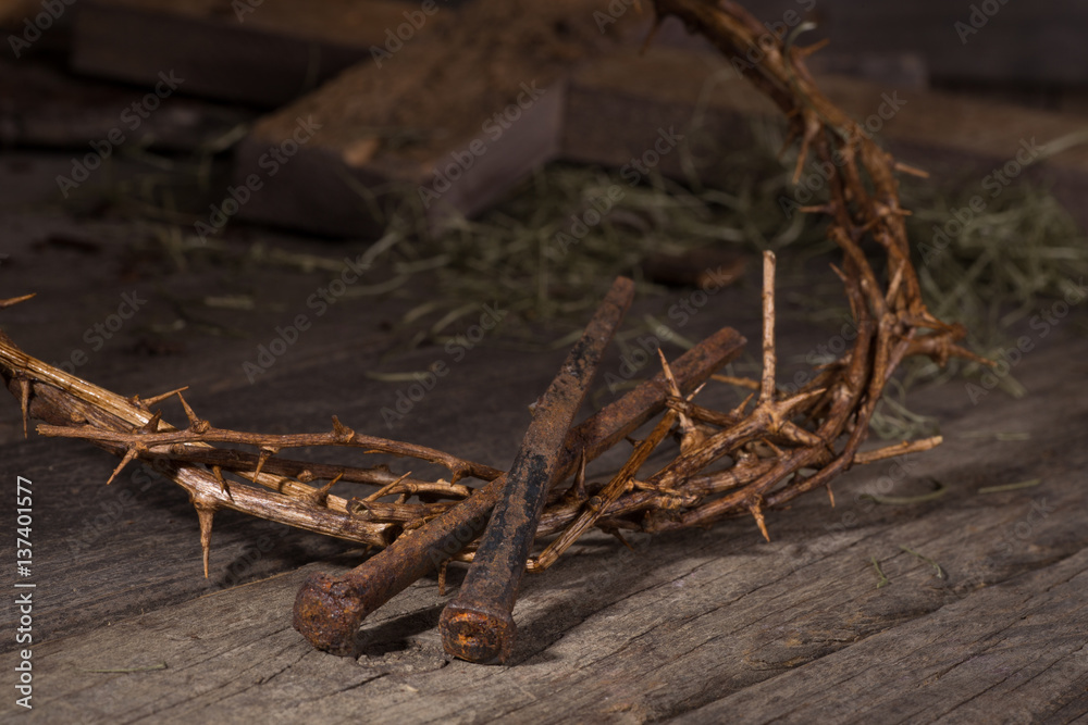 Fototapeta premium Closeup of Crown of Thorns and Nails