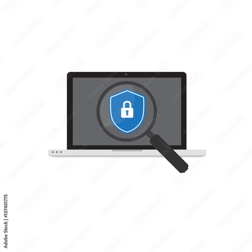 Antivirus Scan On Notebook. Magnifying Glass and Notebook with Antivirus Protection Antivirus Scan On Notebook. Magnifying Glass and Notebook with Antivirus Protection