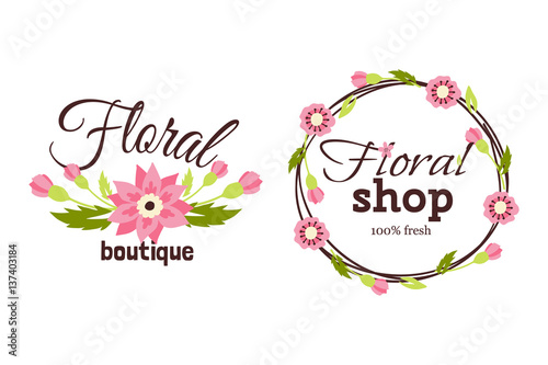 Floral shop badge decorative frame template vector illustration.