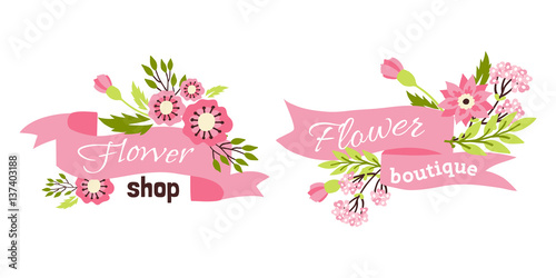 Floral shop badge decorative frame template vector illustration.
