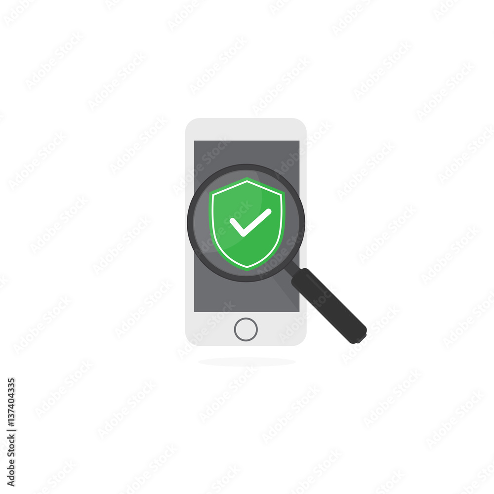 Smartphone Security Protection. Magnifying Glass and Smartphone with Security Guard Sign Smartphone Security Protection. Magnifying Glass and Smartphone with Security Guard Sign