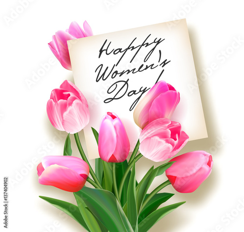 Bouquet of pink tulips with a note inside. Greeting card to Women's Day.