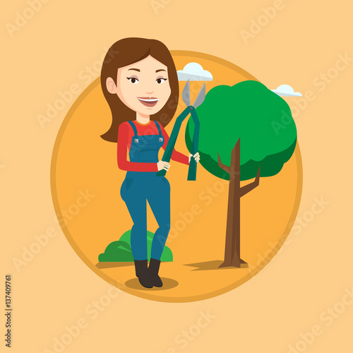 Farmer with pruner in garden vector illustration.