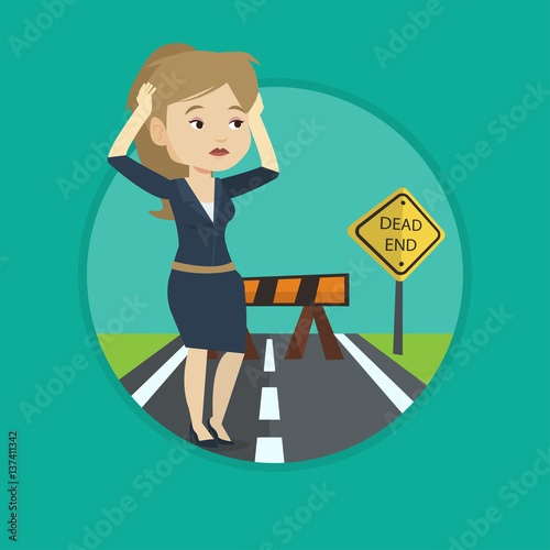 Businesswoman looking at road sign dead end.