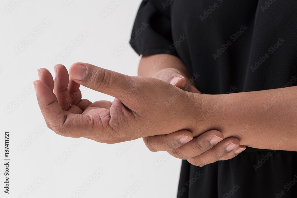 woman suffering from wrist joint pain, gout, arthritis, injury, muscle