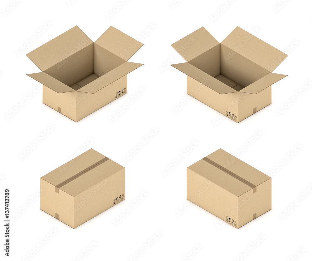 3d rendering of a carton box in open and closed state in double-sided isometric view. 3d rendering of a carton box in open and closed state in double-sided isometric view.