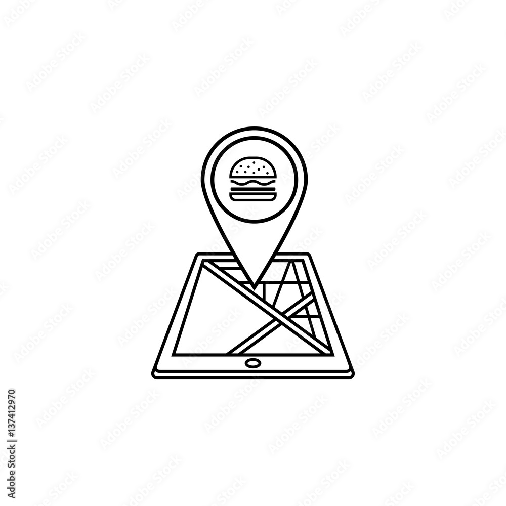 Food map pointer line icon, mobile gps navigation and location, pin on tablet vector graphics, a linear pattern on a white background, eps 10. Food map pointer line icon, mobile gps navigation and location, pin on tablet vector graphics, a linear pattern on a white background, eps 10.