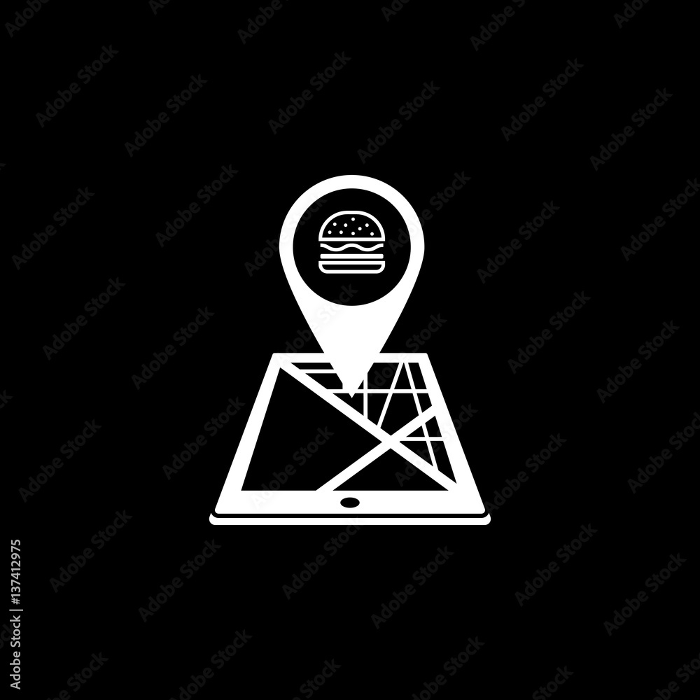 Food map pointer solid icon, mobile gps navigation and location, pin on tablet vector graphics, a filled pattern on a black background, eps 10. Food map pointer solid icon, mobile gps navigation and location, pin on tablet vector graphics, a filled pattern on a black background, eps 10.