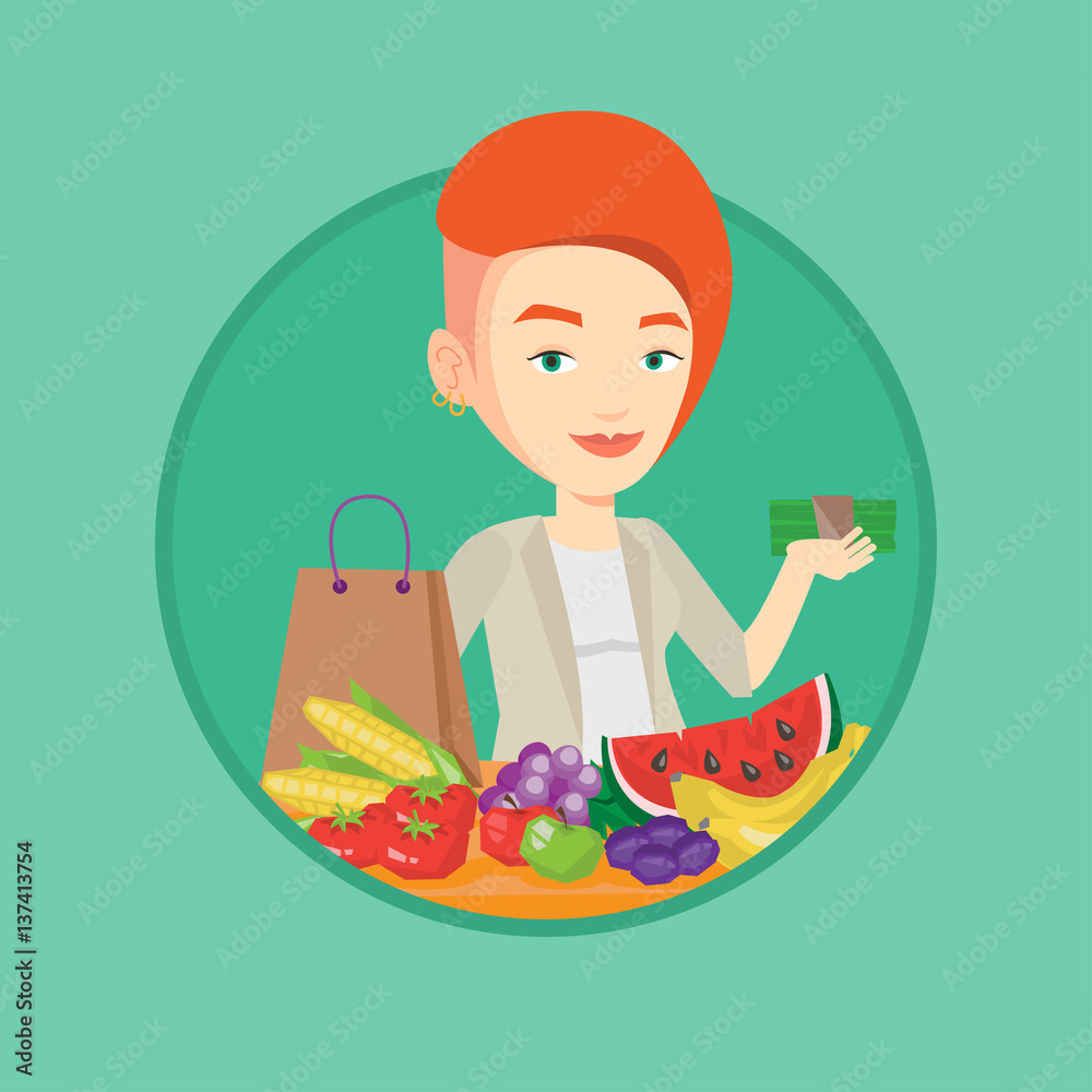 Woman standing at the table with shopping bag. Woman standing at the table with shopping bag.
