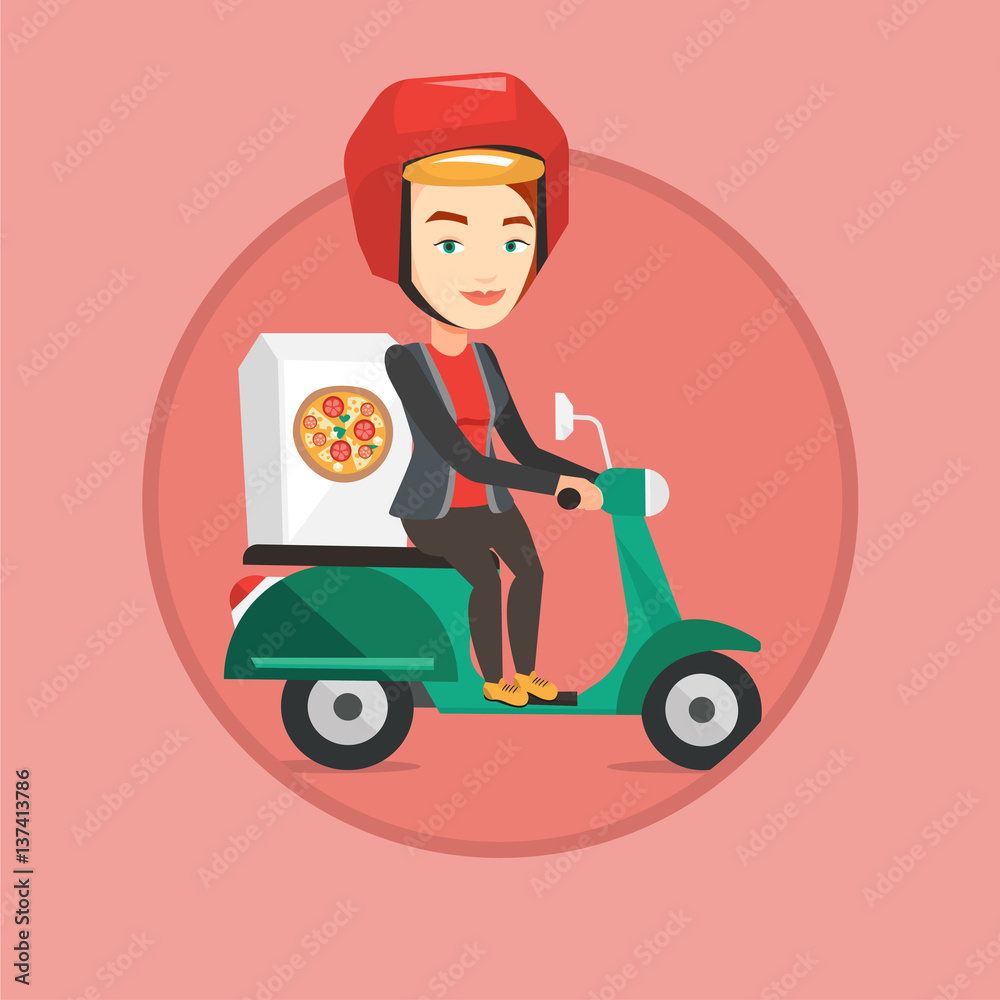 Woman delivering pizza on scooter.