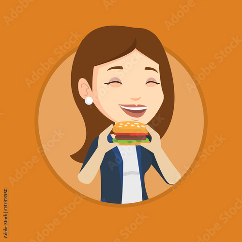 Woman eating hamburger vector illustration.