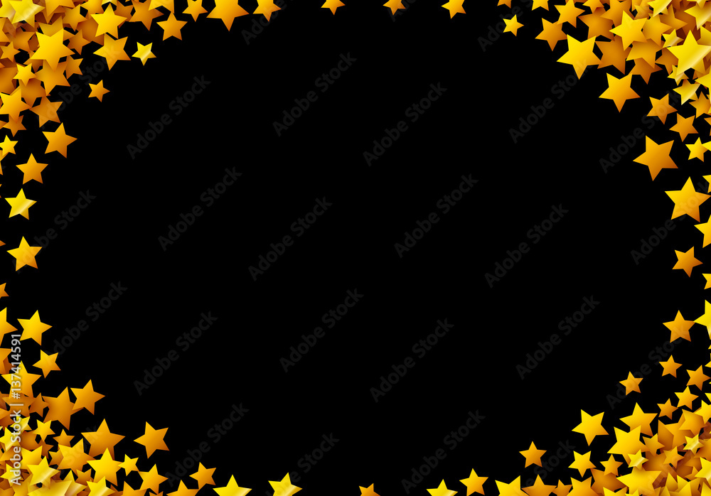 Golden stars glitter scattered on black in celebration card
