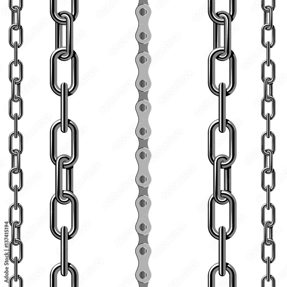 Chains link strength connection vector seamless pattern of metal linked parts and iron equipment protection strong sign shiny design background.