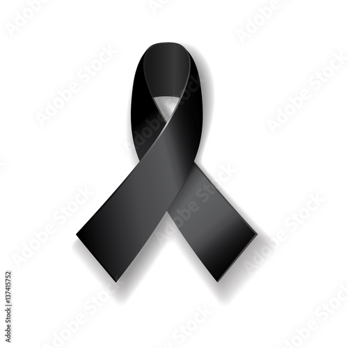 Realistic black ribbon with shadows on white background. Breast cancer awareness symbol. Mourning and melanoma support symbol. Vector illustration.