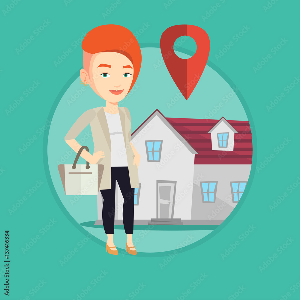 Realtor on background of house with map pointer. Realtor on background of house with map pointer.