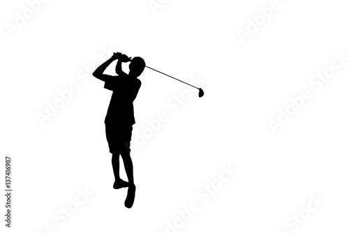 silhouette golfer in action hitting golf shot isolated on white background 