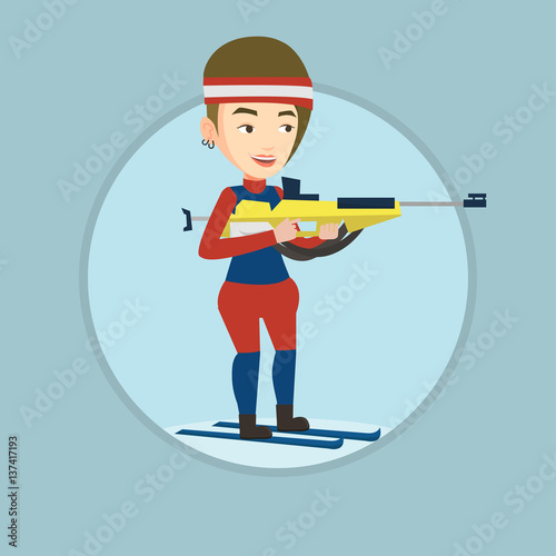 Cheerful biathlon runner aiming at the target.