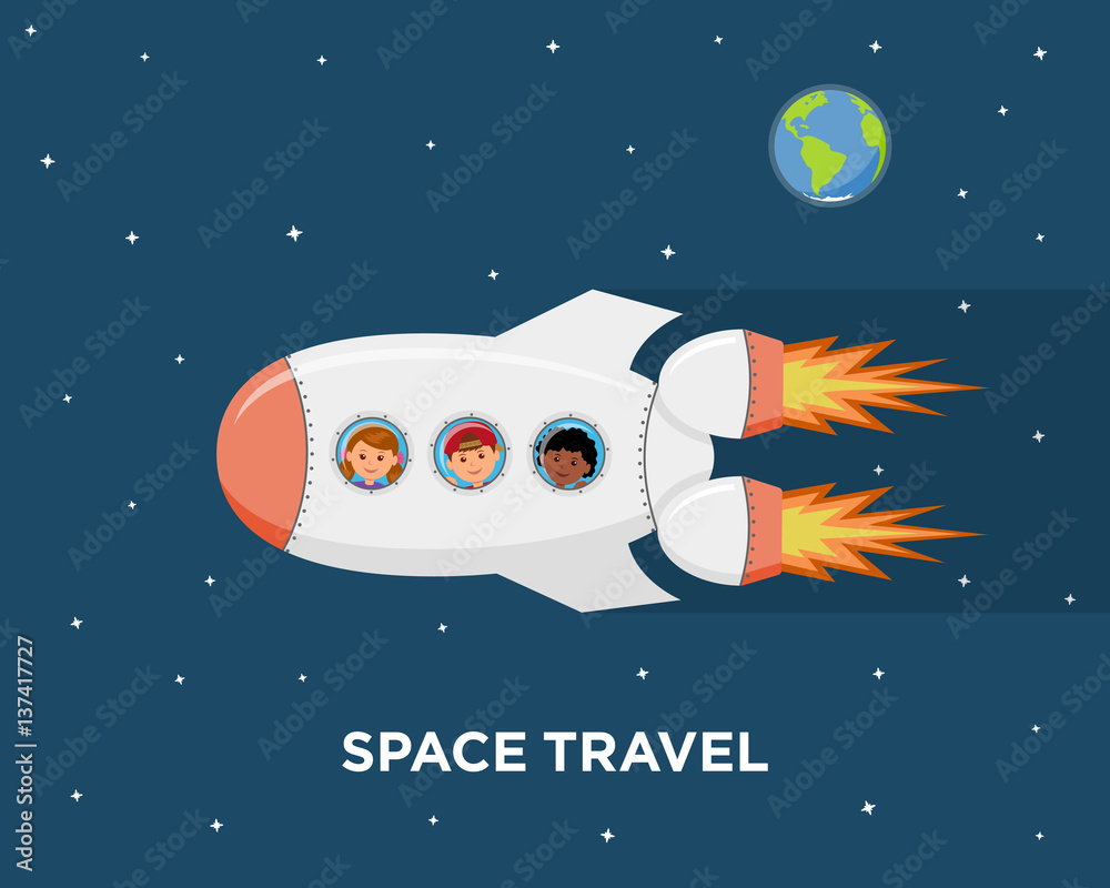 Travel on a spaceship. Astronauts children in outer space. Cartoon background childrens dreams of becoming astronauts and flying in space. Vector illustration in flat style. Stock Vector | Adobe Stock