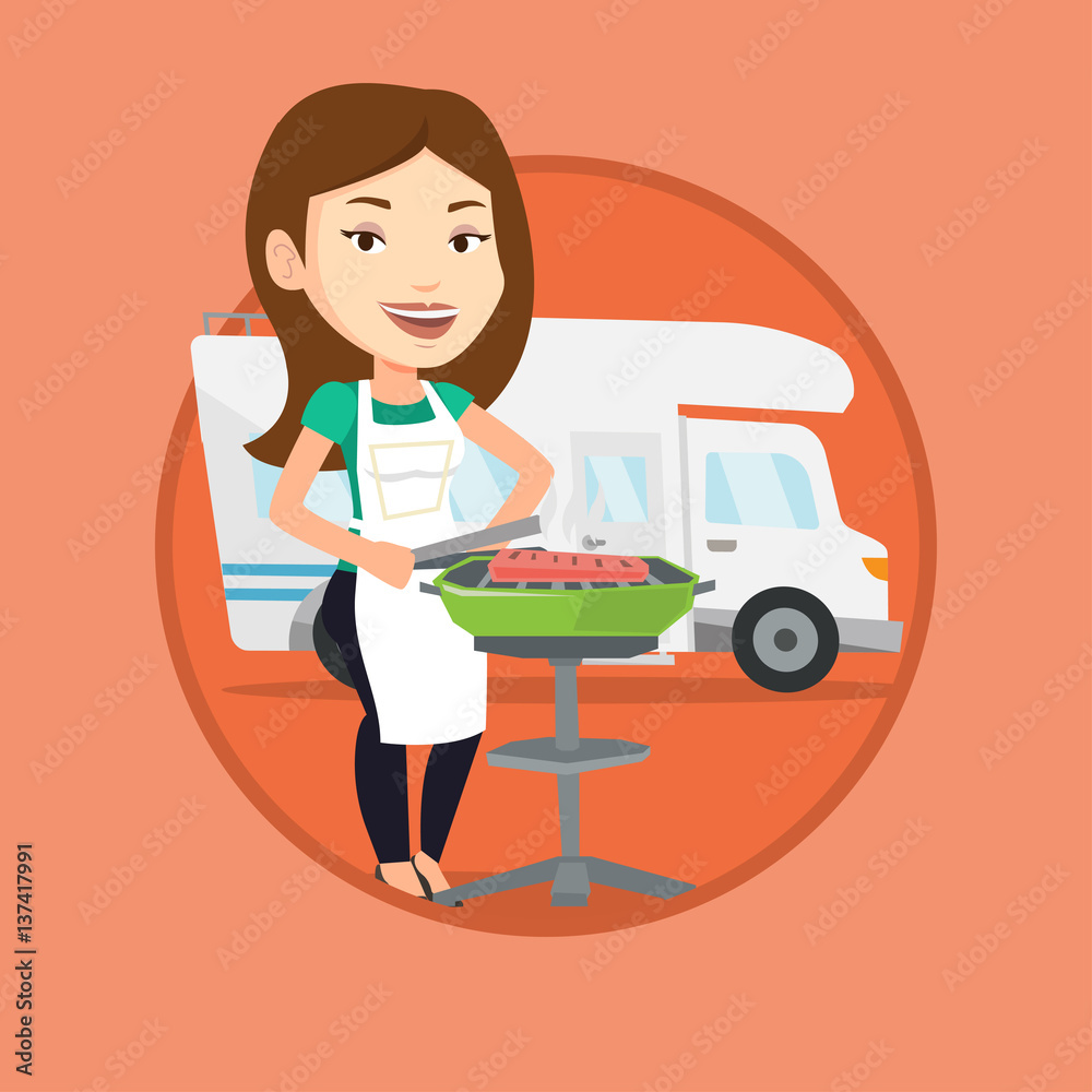 Woman having barbecue in front of camper van. Woman having barbecue in front of camper van.