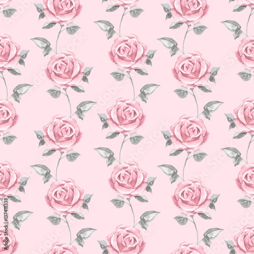 Pink roses. Watercolor floral seamless pattern © Gribanessa